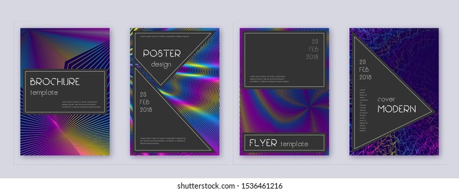 Black brochure design template set. Rainbow abstract lines on dark blue background. Actual brochure design. Wondrous catalog, poster, book template etc.