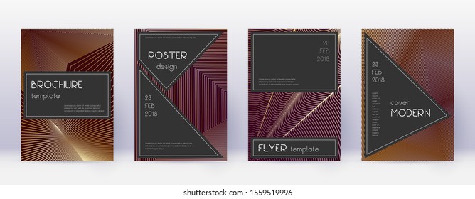 Black brochure design template set. Gold abstract lines on bordo background. Actual brochure design. Exotic catalog, poster, book template etc.