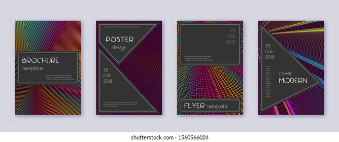 Black brochure design template set. Rainbow abstract lines on wine red background. Admirable brochure design. Comely catalog, poster, book template etc.