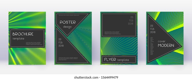 Black brochure design template set. Green abstract lines on dark background. Actual brochure design. Lovely catalog, poster, book template etc.