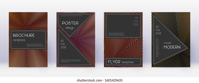 Black brochure design template set. Gold abstract lines on bordo background. Actual brochure design. Energetic catalog, poster, book template etc.