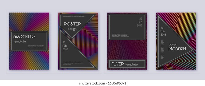 Black brochure design template set. Rainbow abstract lines on wine red background. Admirable brochure design. Cute catalog, poster, book template etc.