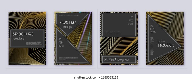 Conjunto de plantillas de diseño de folleto en negro. Líneas abstractas de oro sobre fondo negro. Diseño real del folleto. Catálogo auténtico, póster, plantilla de libro, etc.