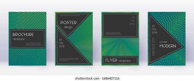 Black brochure design template set. Green abstract lines on dark background. Actual brochure design. Incredible catalog, poster, book template etc.