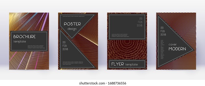 Black brochure design template set. Gold abstract lines on bordo background. Actual brochure design. Enchanting catalog, poster, book template etc.