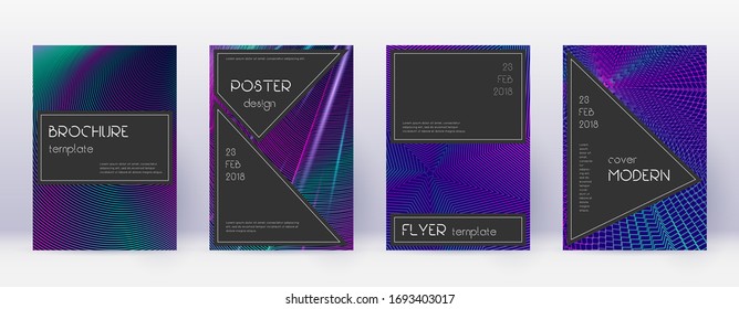 Black brochure design template set. Neon abstract lines on dark blue background. Actual brochure design. Pleasing catalog, poster, book template etc.