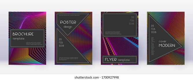 Black brochure design template set. Rainbow abstract lines on wine red background. Admirable brochure design. Exceptional catalog, poster, book template etc.