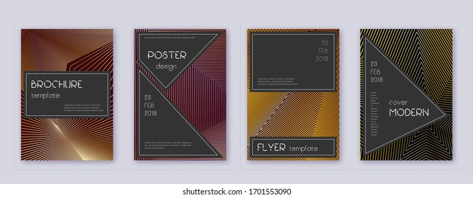 Black brochure design template set. Gold abstract lines on bordo background. Actual brochure design. Delicate catalog, poster, book template etc.
