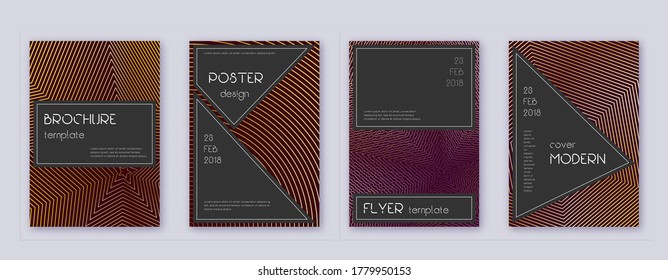 Black brochure design template set. Gold abstract lines on bordo background. Actual brochure design. Elegant catalog, poster, book template etc.