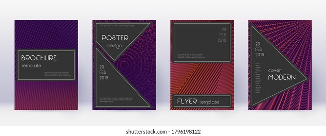 Black brochure design template set. Violet abstract lines on dark background. Admirable brochure design. Popular catalog, poster, book template etc.