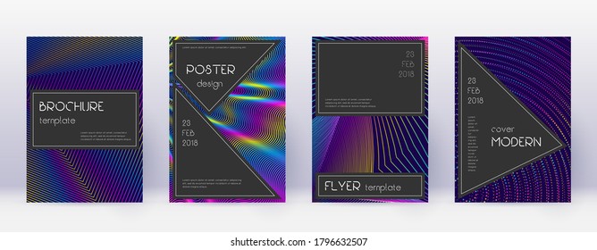 Conjunto de plantillas de diseño de folletos negros. Líneas abstractas del arcoiris sobre fondo azul oscuro. Admirable diseño de folletos. Encantador catálogo, afiche, plantilla de libro, etc.