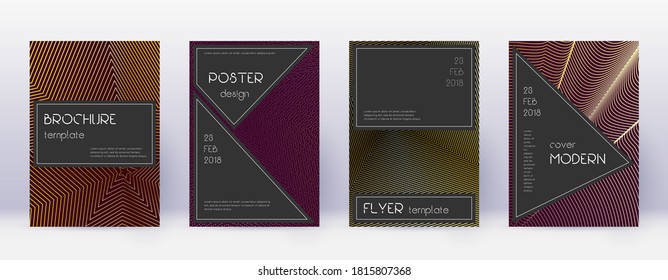 Black brochure design template set. Gold abstract lines on bordo background. Actual brochure design. Fantastic catalog, poster, book template etc.