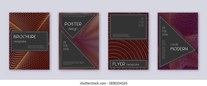 Black brochure design template set. Gold abstract lines on bordo background. Actual brochure design. Divine catalog, poster, book template etc.