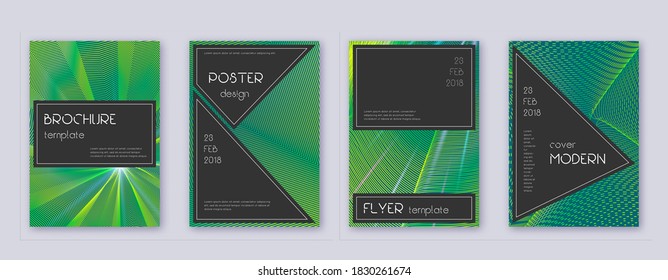 Black brochure design template set. Green abstract lines on dark background. Actual brochure design. Glamorous catalog, poster, book template etc.