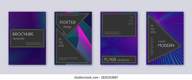 Black brochure design template set. Neon abstract lines on dark blue background. Actual brochure design. Modern catalog, poster, book template etc.