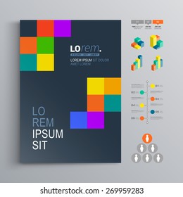 Black brochure template design with color square pattern. Cover layout and infographics