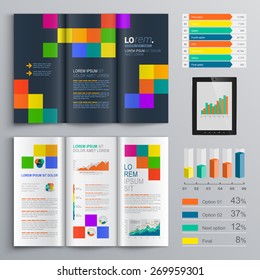 Black brochure template design with color square pattern. Cover layout and infographics