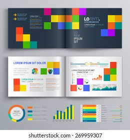 Black brochure template design with color square pattern. Cover layout and infographics