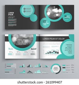 Black brochure template design with round green elements. Cover layout and infographics