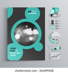 Black brochure template design with round green elements. Cover layout and infographics
