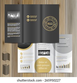 Black brochure template design with round golden element and floral pattern. Cover layout