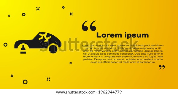 Black Broken car icon isolated on yellow\
background. Car crush.  Vector\
Illustration