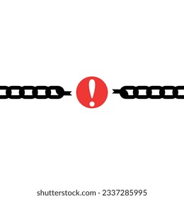 black broken chain with failure icon like exclamation. flat modern disruption logo element graphic design isolated on white background. concept of online system error or unleash or easy disconnect