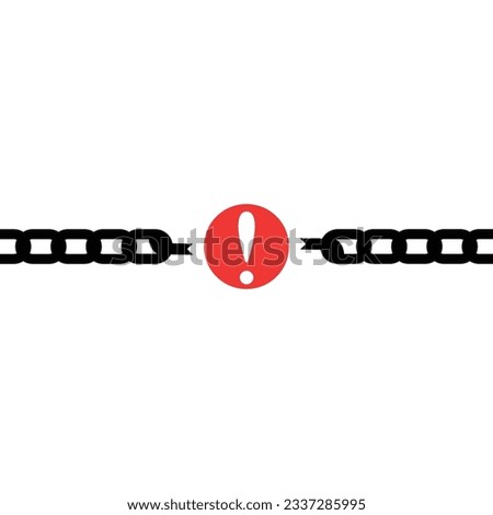 black broken chain with failure icon like exclamation. flat modern disruption logo element graphic design isolated on white background. concept of online system error or unleash or easy disconnect