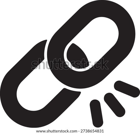 Black broken chain link icon representing a disconnected hyperlink or a security breach isolated on white background, illustration