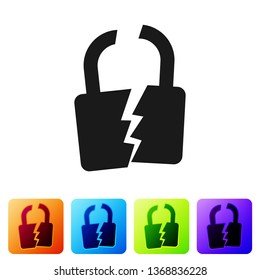 Black Broken or cracked lock icon isolated on white background. Unlock sign. Set icon in color square buttons. Vector Illustration