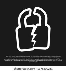 Black Broken or cracked lock icon isolated on black background. Unlock sign. Vector Illustration