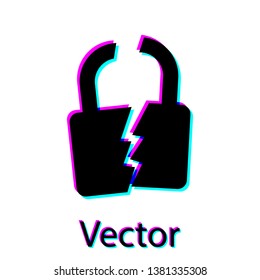 Black Broken or cracked lock icon isolated on white background. Unlock sign. Vector Illustration