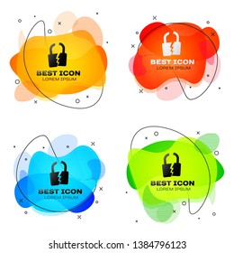 Black Broken or cracked lock icon isolated. Unlock sign. Set of liquid color abstract geometric shapes. Vector Illustration