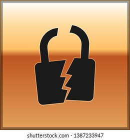 Black Broken or cracked lock icon isolated on gold background. Unlock sign. Vector Illustration