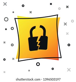 Black Broken or cracked lock icon isolated on white background. Unlock sign. Yellow square button. Vector Illustration