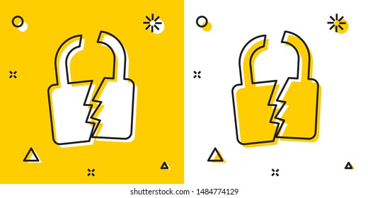 Black Broken or cracked lock icon isolated on yellow and white background. Unlock sign. Random dynamic shapes. Vector Illustration