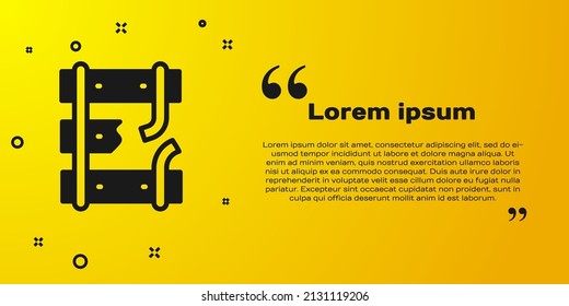 Black Broken or cracked rails on a railway icon isolated on yellow background.  Vector