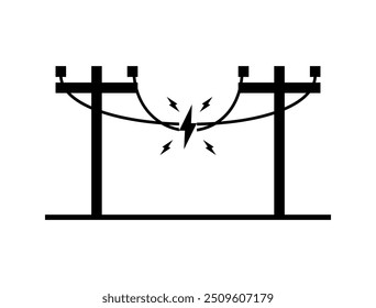 Black broken electric wire of high power voltage pole is damaged and short circuit spark cause danger electrocution risk icon flat vector design