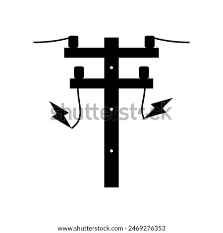 Black broken electric wire of high power voltage pole is damaged and short circuit spark cause danger electrocution risk icon flat vector design