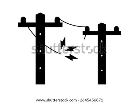 Black broken electric wire of high power voltage pole is damaged and short circuit spark cause danger electrocution risk icon flat vector design