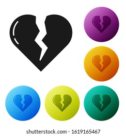 Black Broken heart or divorce icon isolated on white background. Love symbol. Valentines day. Set icons colorful circle buttons. Vector Illustration
