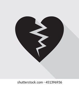 Black broken heart flat icon on gray background. Hurt love symbol. Vector illustration in eps8 format.