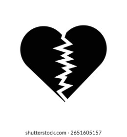 Black broken heart icon. Cracked heart silhouette representing breakup, sorrow, and relationship pain.