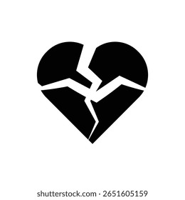 Black broken heart icon. Cracked heart silhouette representing breakup, sorrow, and relationship pain.