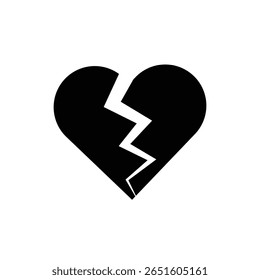 Black broken heart icon. Cracked heart silhouette representing breakup, sorrow, and relationship pain.