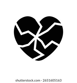 Black broken heart icon. Cracked heart silhouette representing breakup, sorrow, and relationship pain.