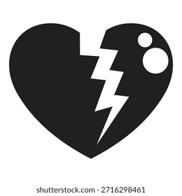 Corazón roto negro con rayo y dos círculos, que representan el desamor, el dolor y el sufrimiento