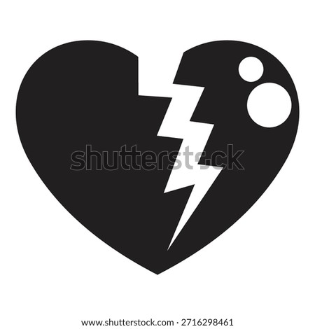 Black broken heart with lightning bolt and two circles, representing heartbreak, pain, and suffering