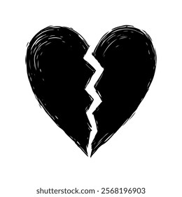 Black broken heart with a rough texture on a white background, symbolizing heartbreak, sadness, and emotional pain