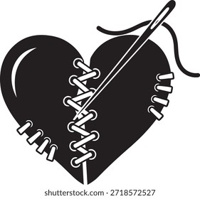 Forma de corazón roto negro cosido junto con encaje blanco y costura de aguja